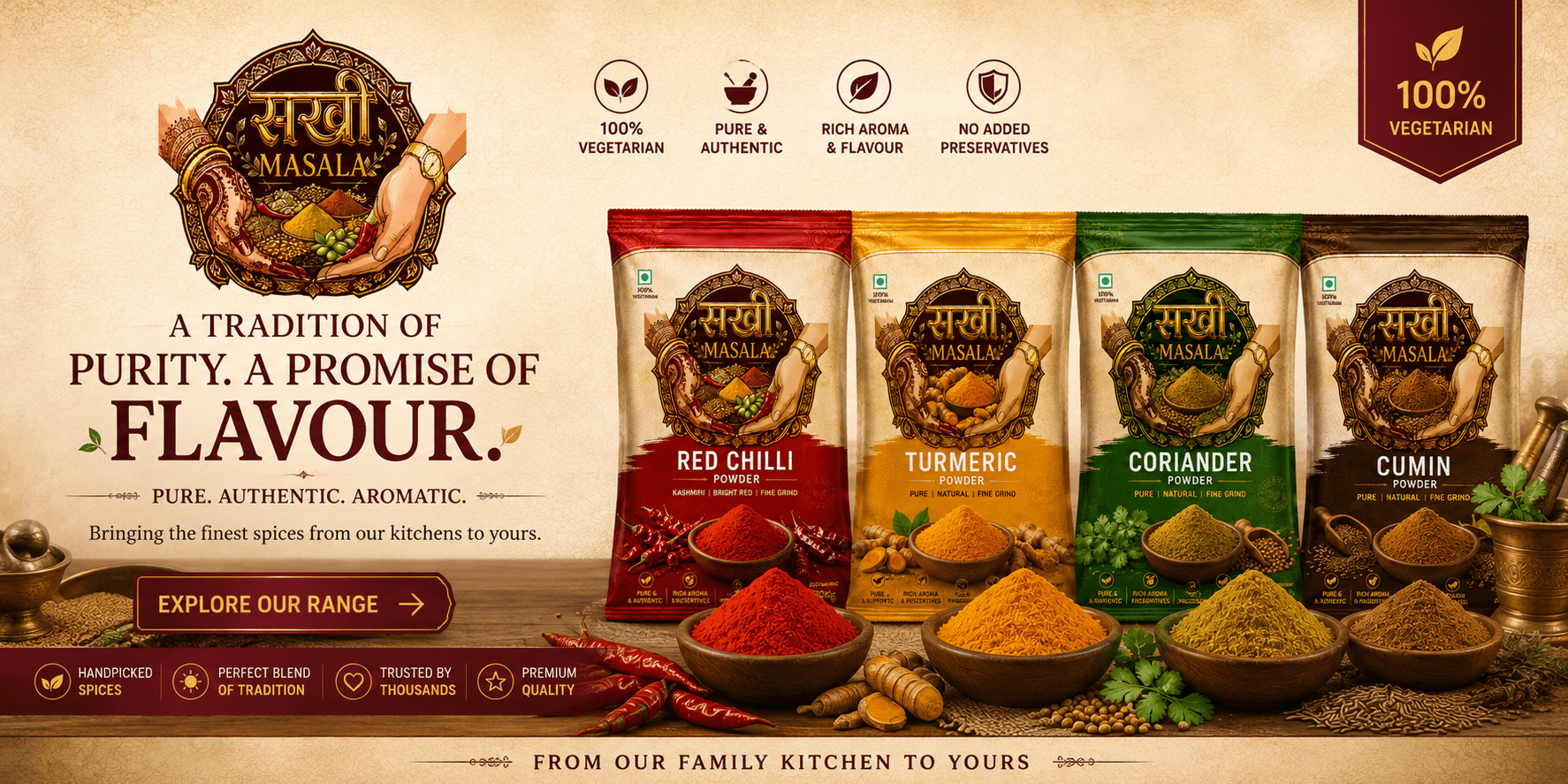A tradition of purity, a promise of flavour — the Sakkhi range of red chilli, turmeric, coriander and cumin powder, with bowls of each